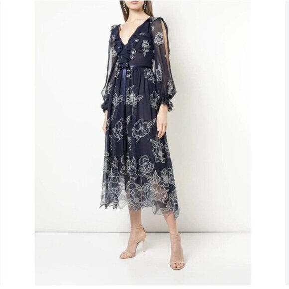Marchesa Notte Dresses & Skirts - Marchesa Notte Dress Womens 10 Navy Floral Embroidered Mesh Ruffle Sheer Sleeves